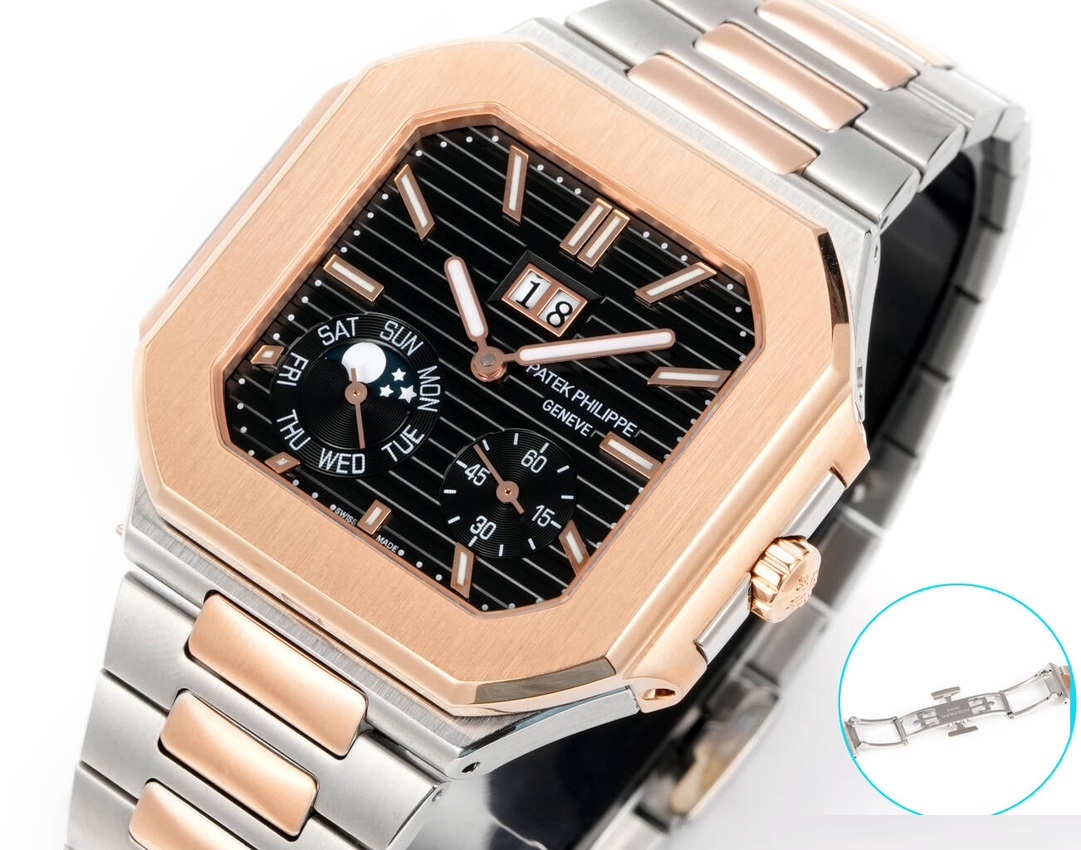 Square Nautilus-inspired 5822 Black Sunburst Annual Calendar Two-Tone Rose Gold Super Clone