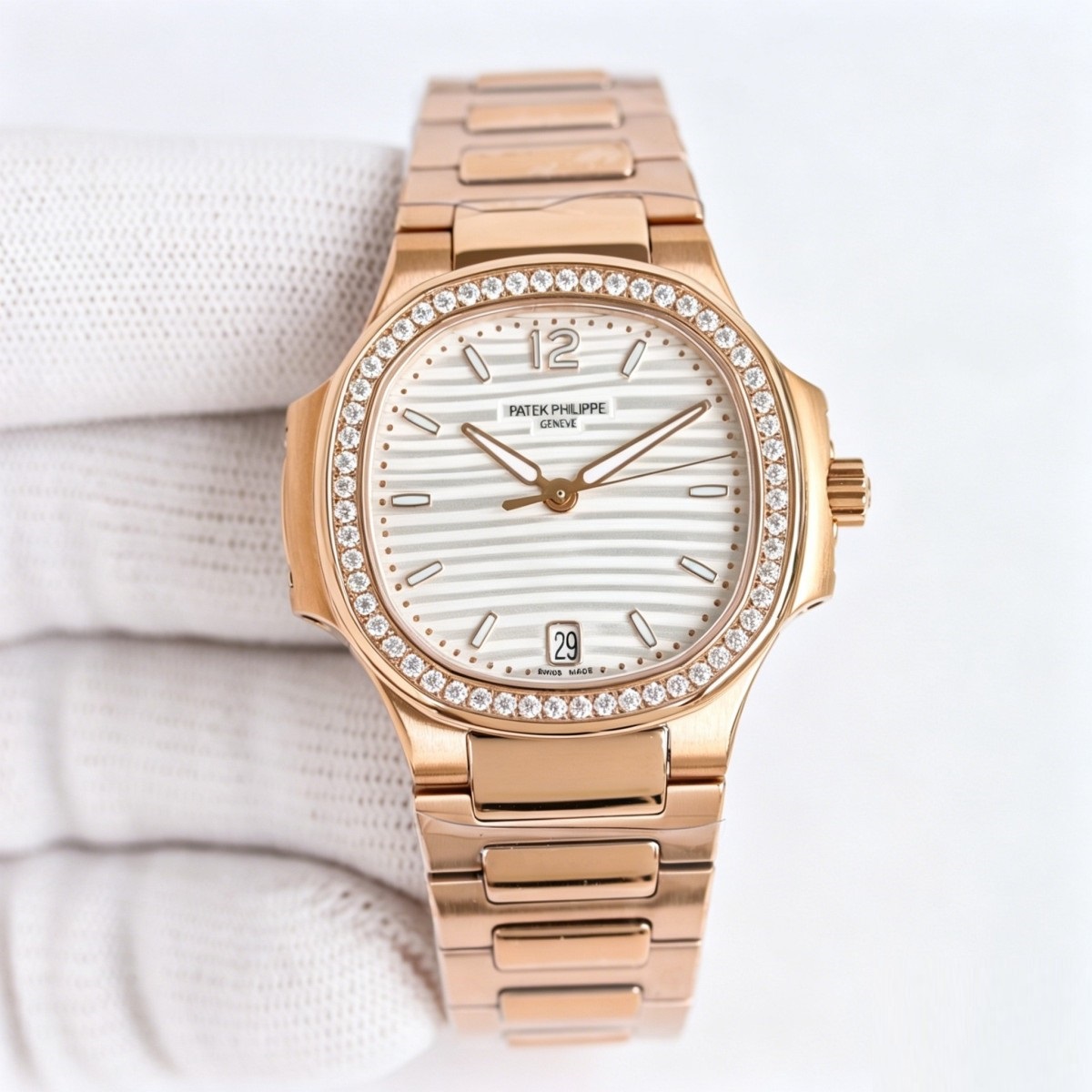 Diamond Bezel Rose Gold Ladies Watch with Silvery Striped Dial | Nautilus-Inspired Radiant Elegance
