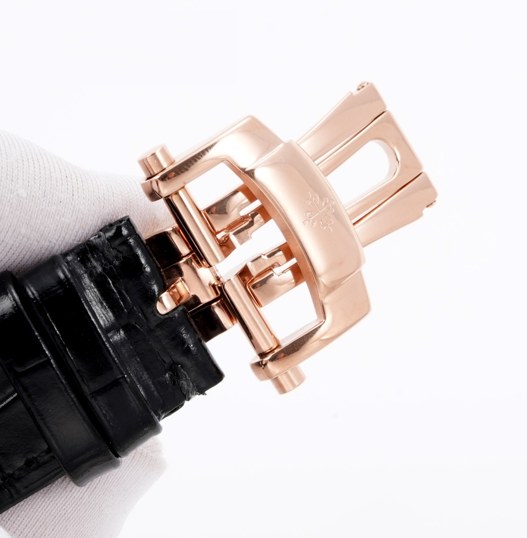 Square Nautilus-inspired 5822 Black Sunburst Annual Calendar Rose Gold Leather Strap Super Clone