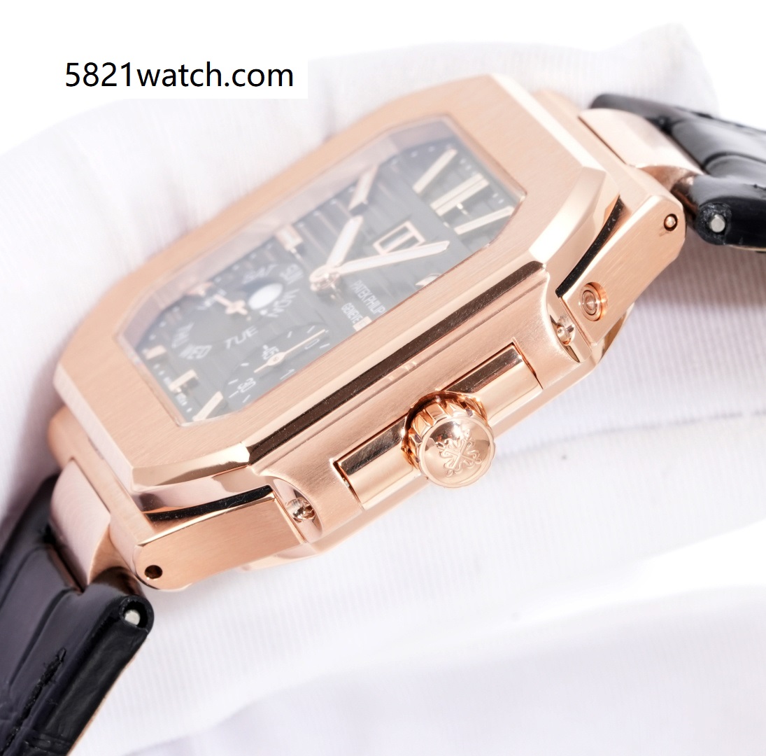 Square Nautilus-inspired 5822 Black Sunburst Annual Calendar Rose Gold Leather Strap Super Clone