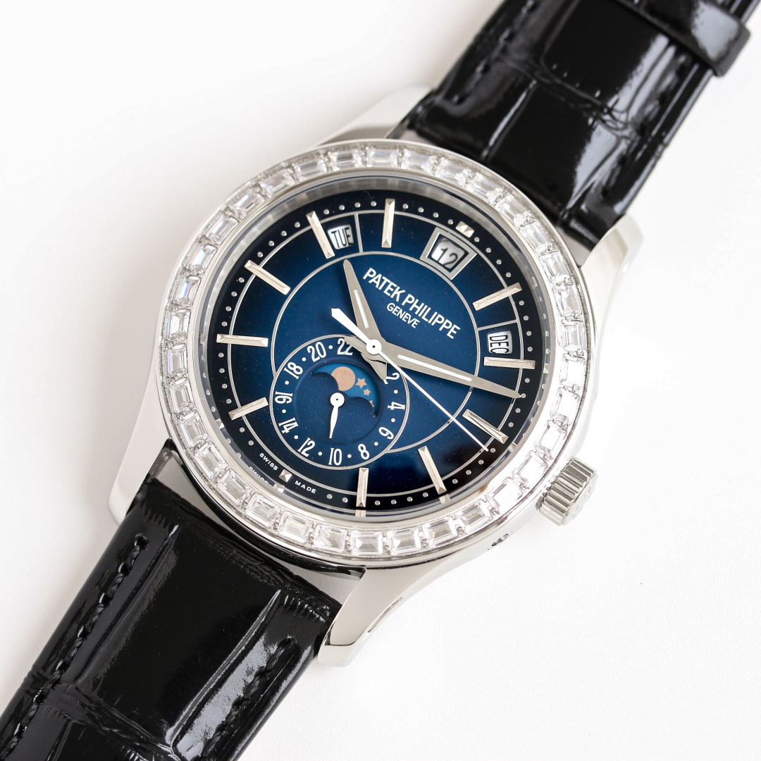 Blue Dial Annual Calendar Moonphase with Diamond Bezel | 18K White Gold Haute Joaillerie