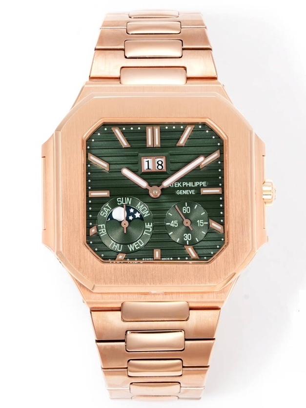 Square Nautilus-inspired 5822 Olive Green Rose Gold Annual Calendar Super Clone