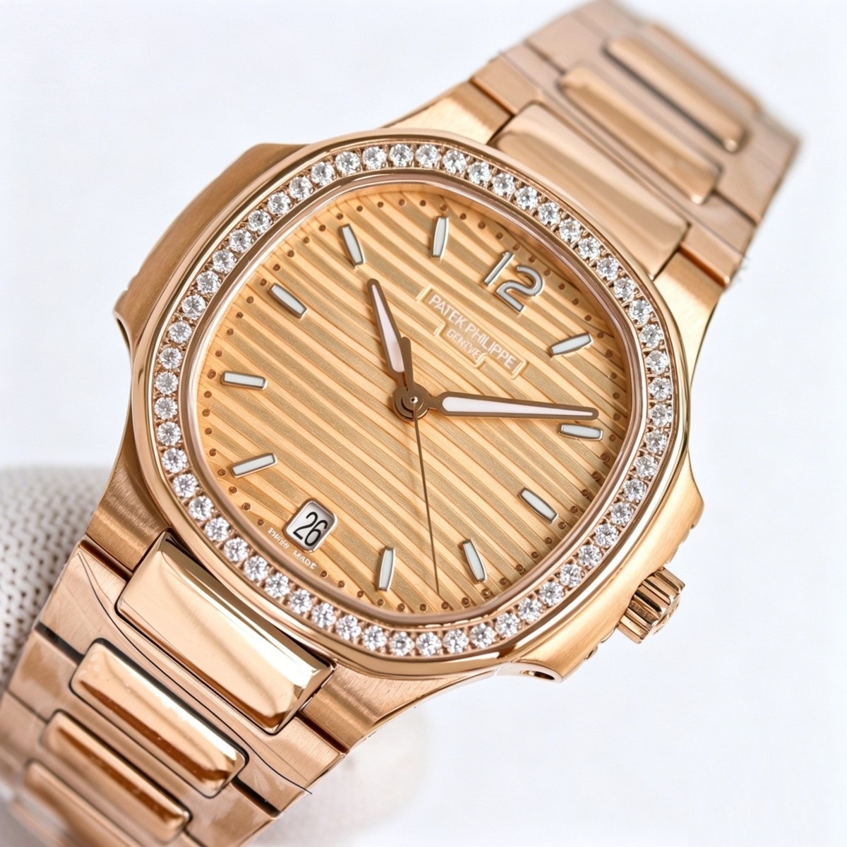 Diamond Bezel Rose Gold Ladies Watch with Golden Striped Dial | Nautilus-Inspired Haute Joaillerie