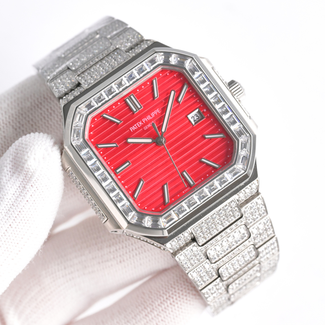 Square Nautilus-inspired 5821 Red Sunburst Full Pavé Diamond Super Clone