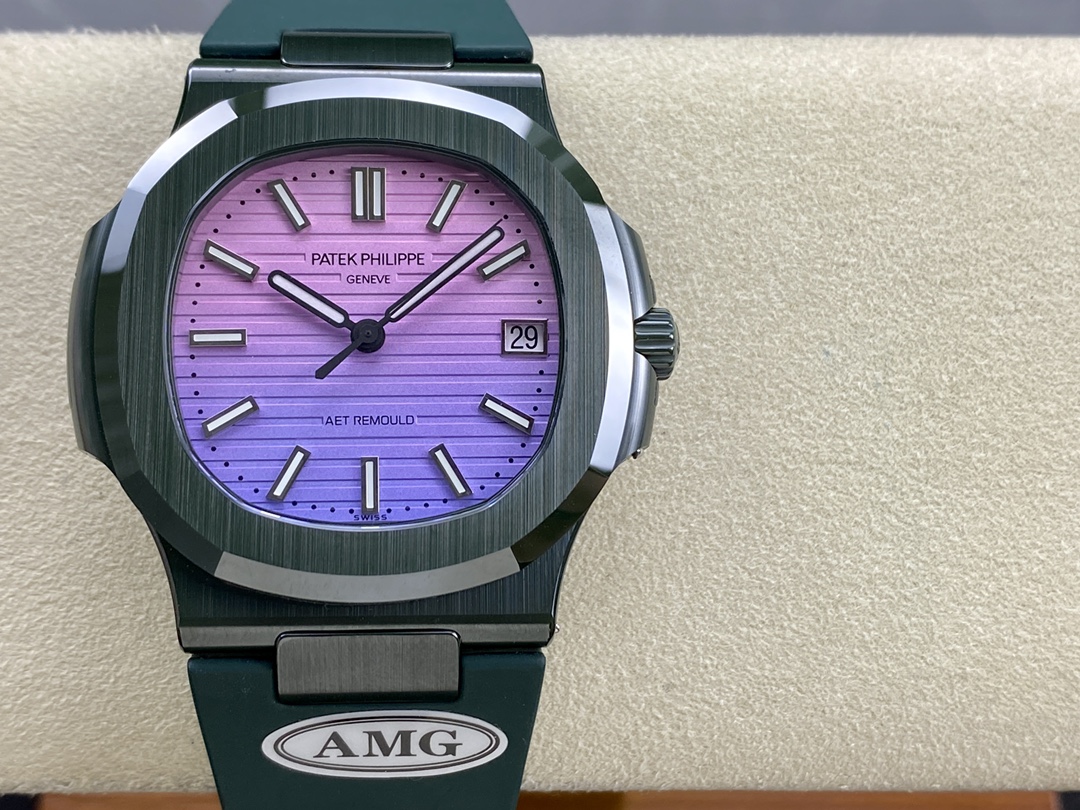Nautilus 5711 Super Clone – 40MM Black‑Green Fiber Purple Dial Unisex Rubber Strap Watch