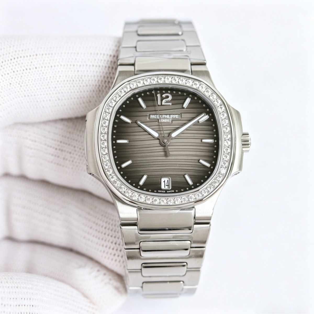 White Gold Diamond Ladies' Watch with Grey Striped Dial – Nautilus-Inspired Evening Radiance