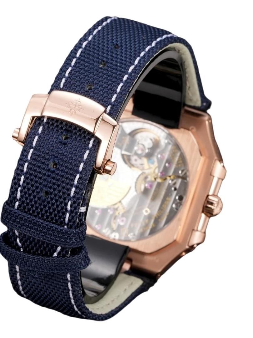 Square Nautilus-inspired 5822 Navy Blue Sunburst Annual Calendar Full Rose Gold Denim Strap Super Clone