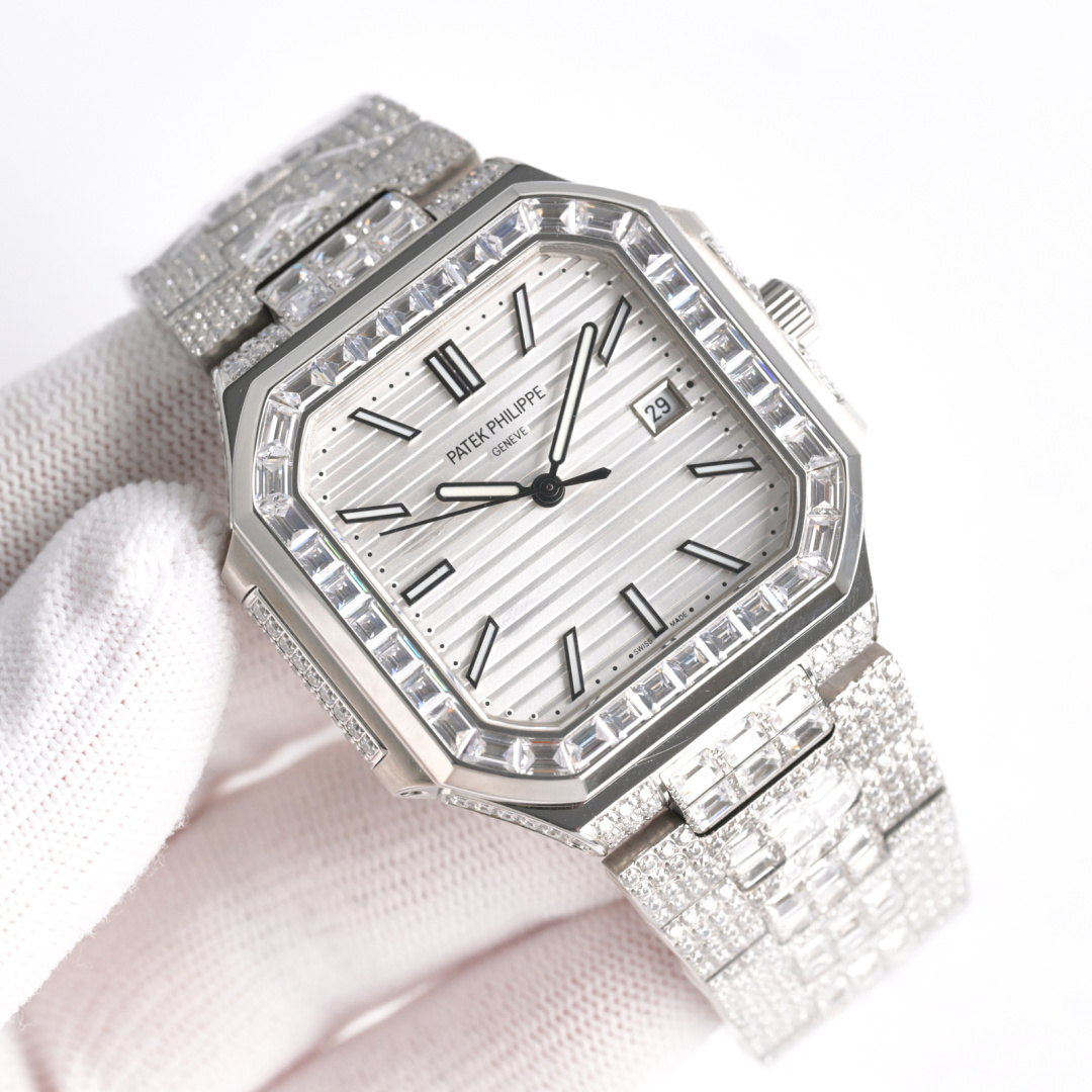 Square Nautilus-inspired 5821 White Sunburst Full Pavé Diamond Super Clone