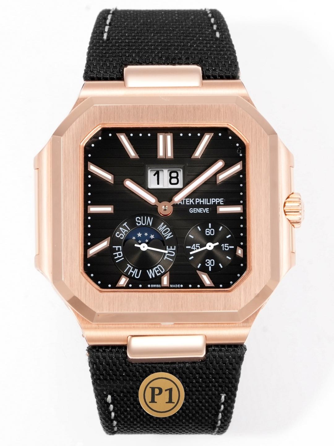 Square Nautilus-inspired 5822 Black Sunburst Annual Calendar Rose Gold Denim Strap Super Clone