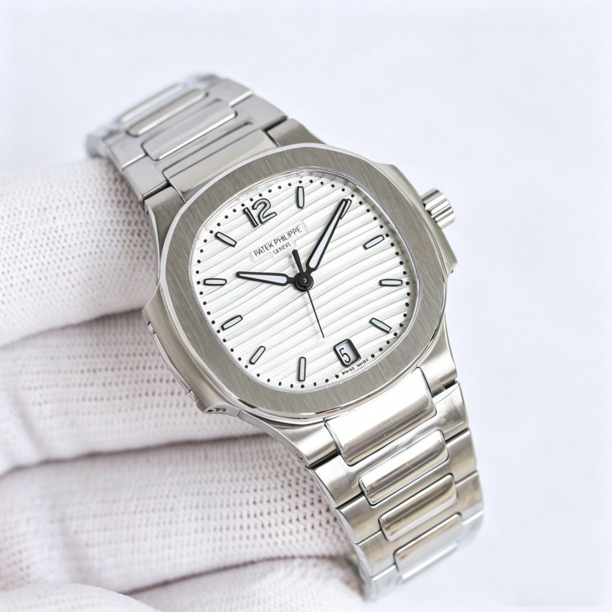 White Gold Diamond Ladies Watch with Silvery Striped Dial | Nautilus-Inspired Modern Haute Joaillerie