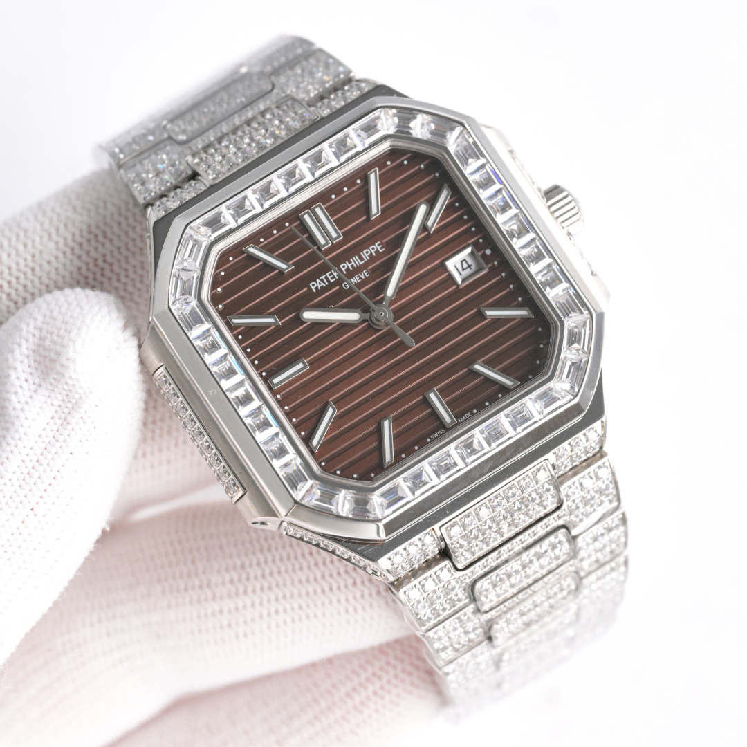 Square Nautilus-inspired 5821 Brown Sunburst Full Pavé Diamond Super Clone