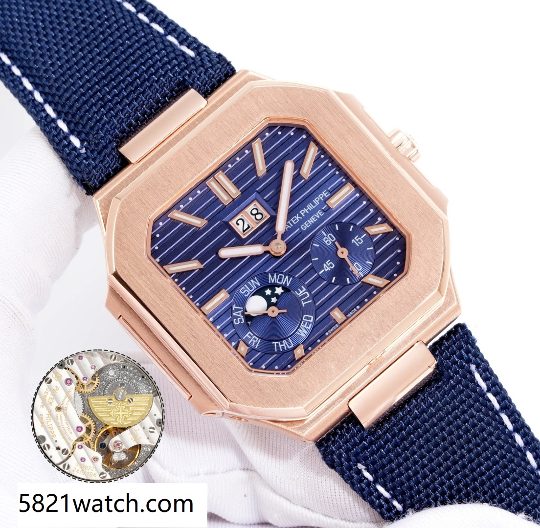 Square Nautilus-inspired 5822 Navy Blue Sunburst Annual Calendar Full Rose Gold Denim Strap Super Clone
