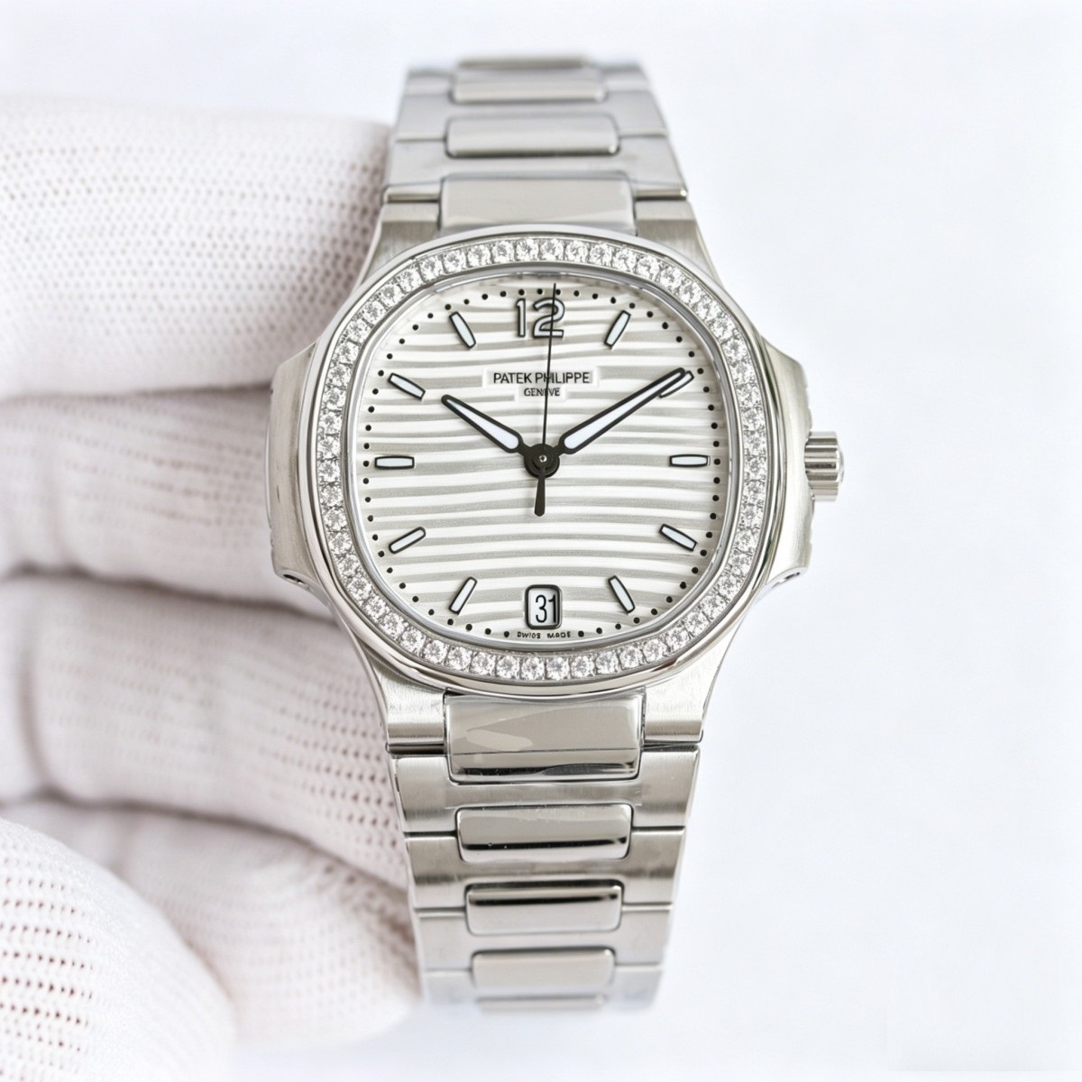 White Gold Diamond Ladies Watch with Silvery Striped Dial | Nautilus-Inspired Modern Haute Joaillerie