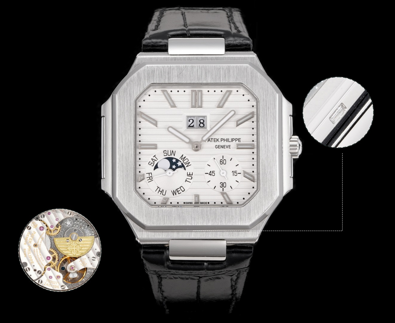 Square Nautilus-inspired 5822 White Sunburst Annual Calendar Steel Leather Strap Super Clone