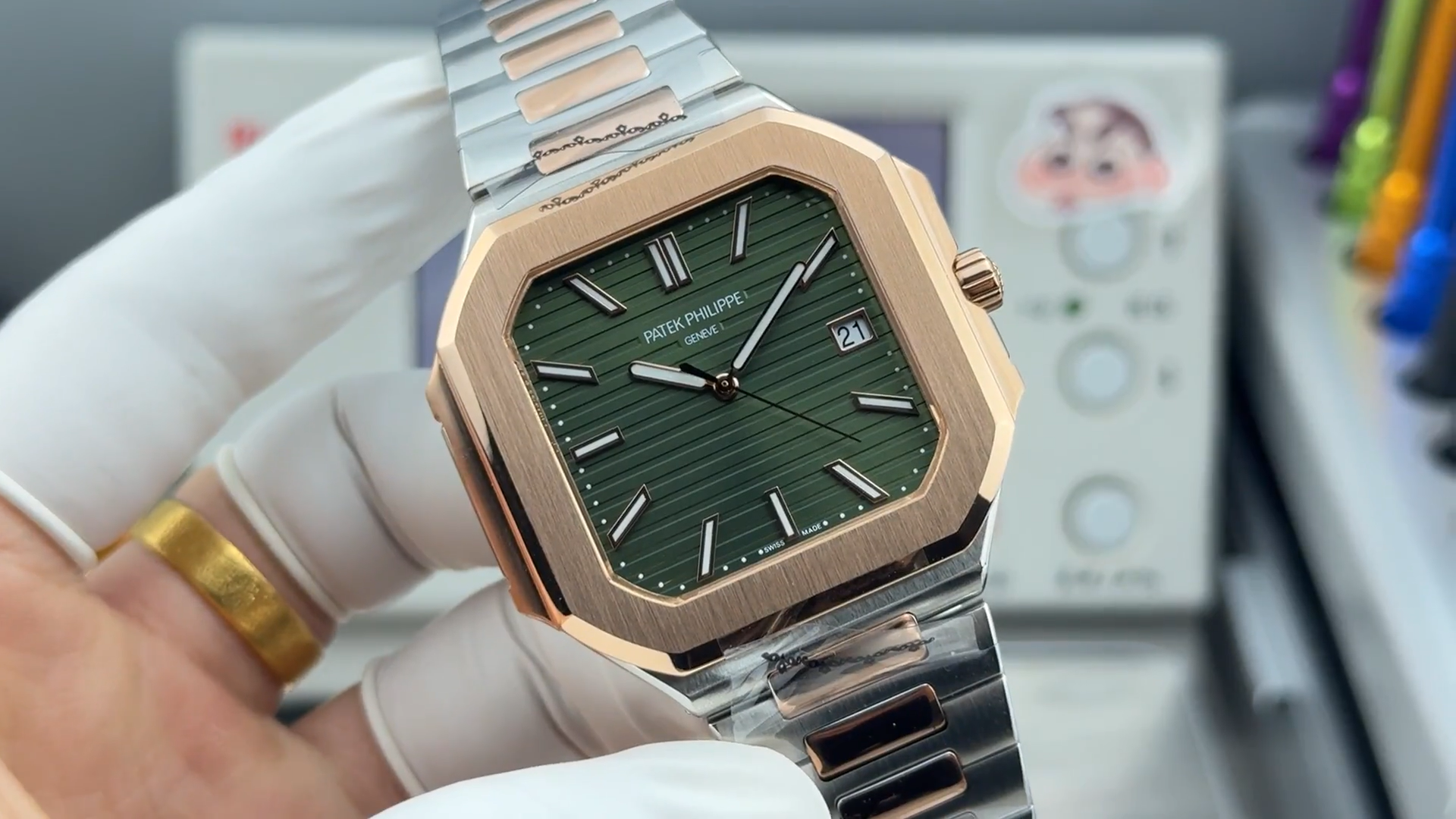 Square Nautilus-inspired 5821 Olive Green Sunburst Two-Tone Rose Gold Super Clone
