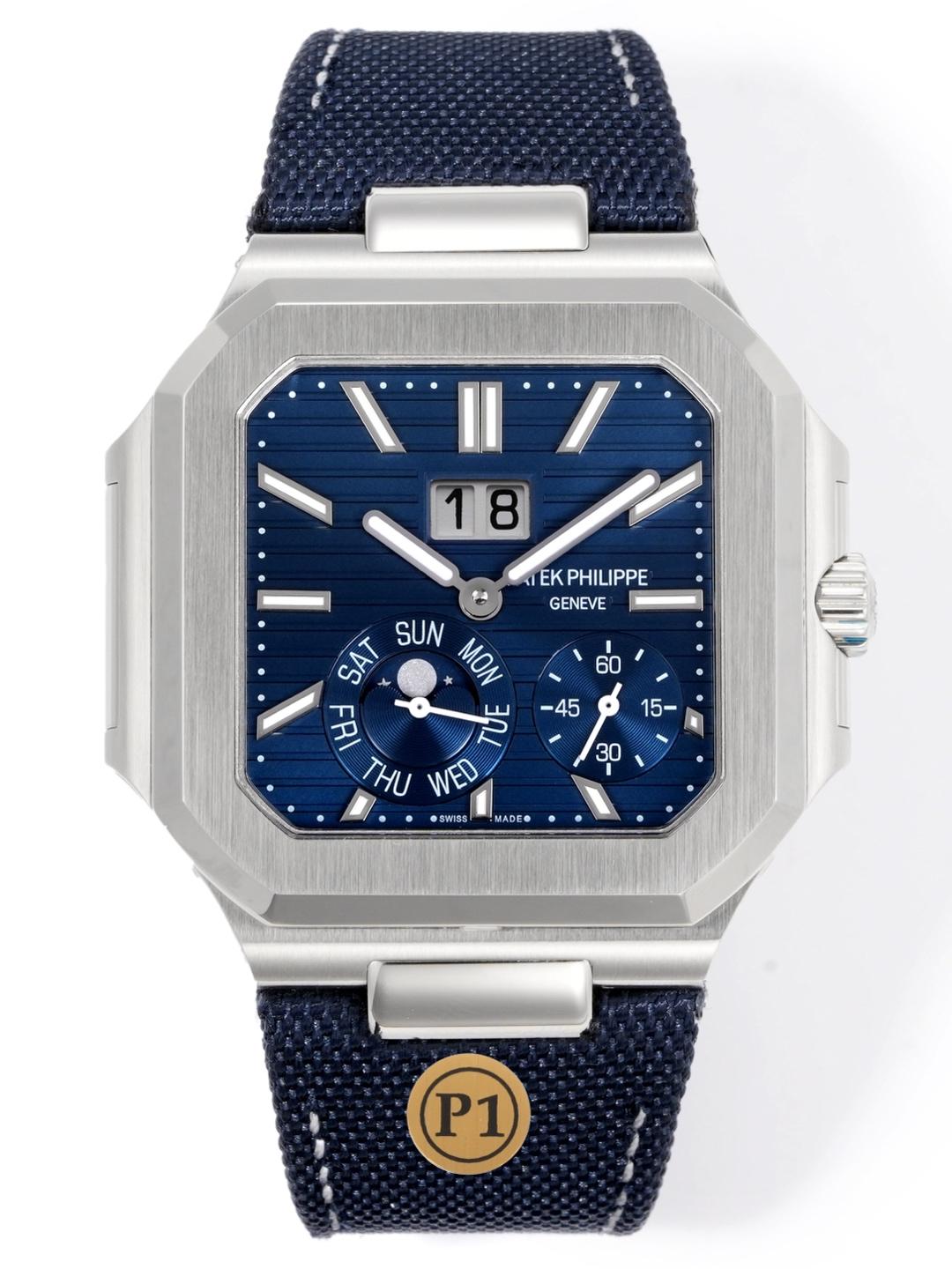 Square Nautilus-inspired 5822 Navy Blue Sunburst Annual Calendar Denim Strap Super Clone