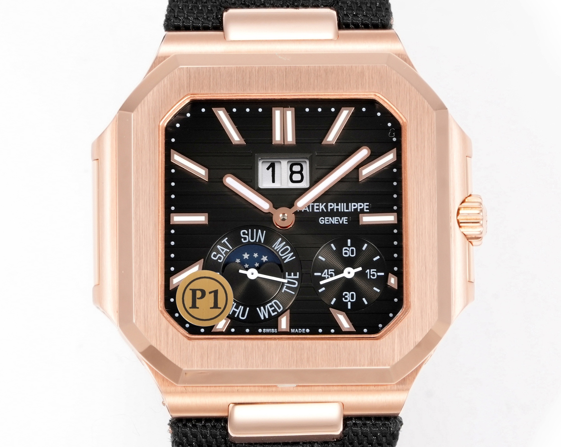 Square Nautilus-inspired 5822 Black Sunburst Annual Calendar Rose Gold Denim Strap Super Clone