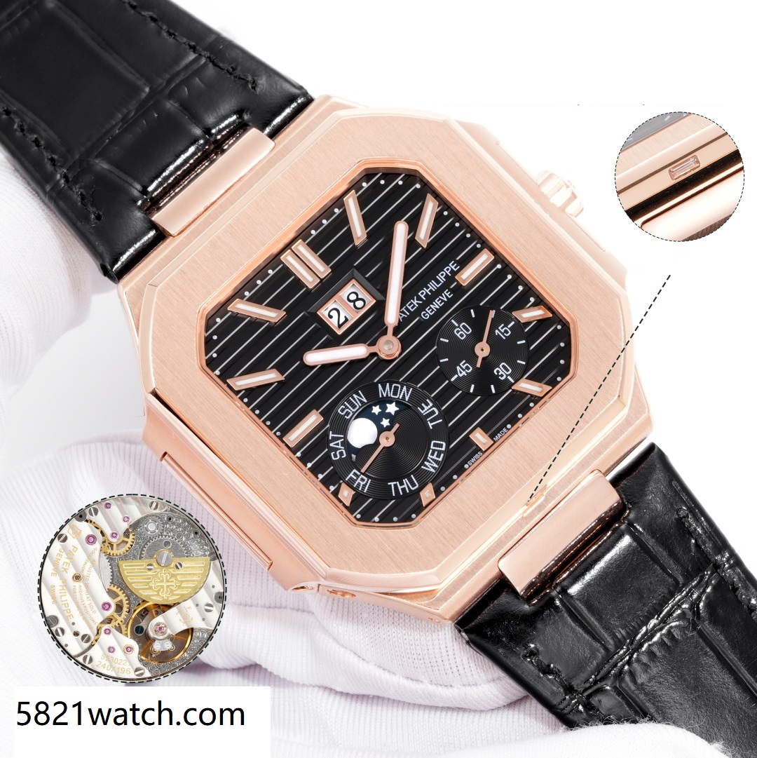 Square Nautilus-inspired 5822 Black Sunburst Annual Calendar Rose Gold Leather Strap Super Clone