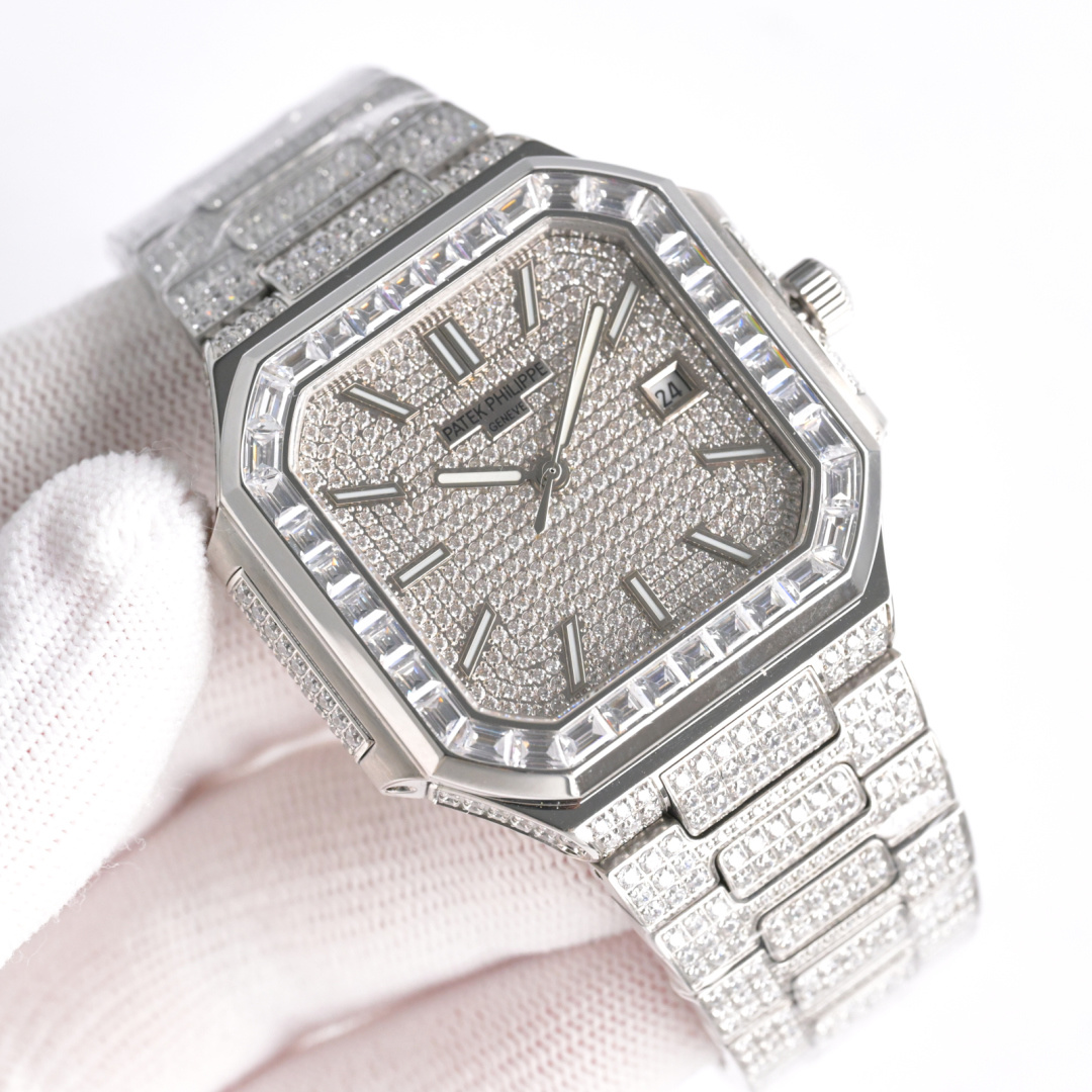 Square Nautilus-inspired 5821 Silver Gray Sunburst Full pavé Diamond Super Clone