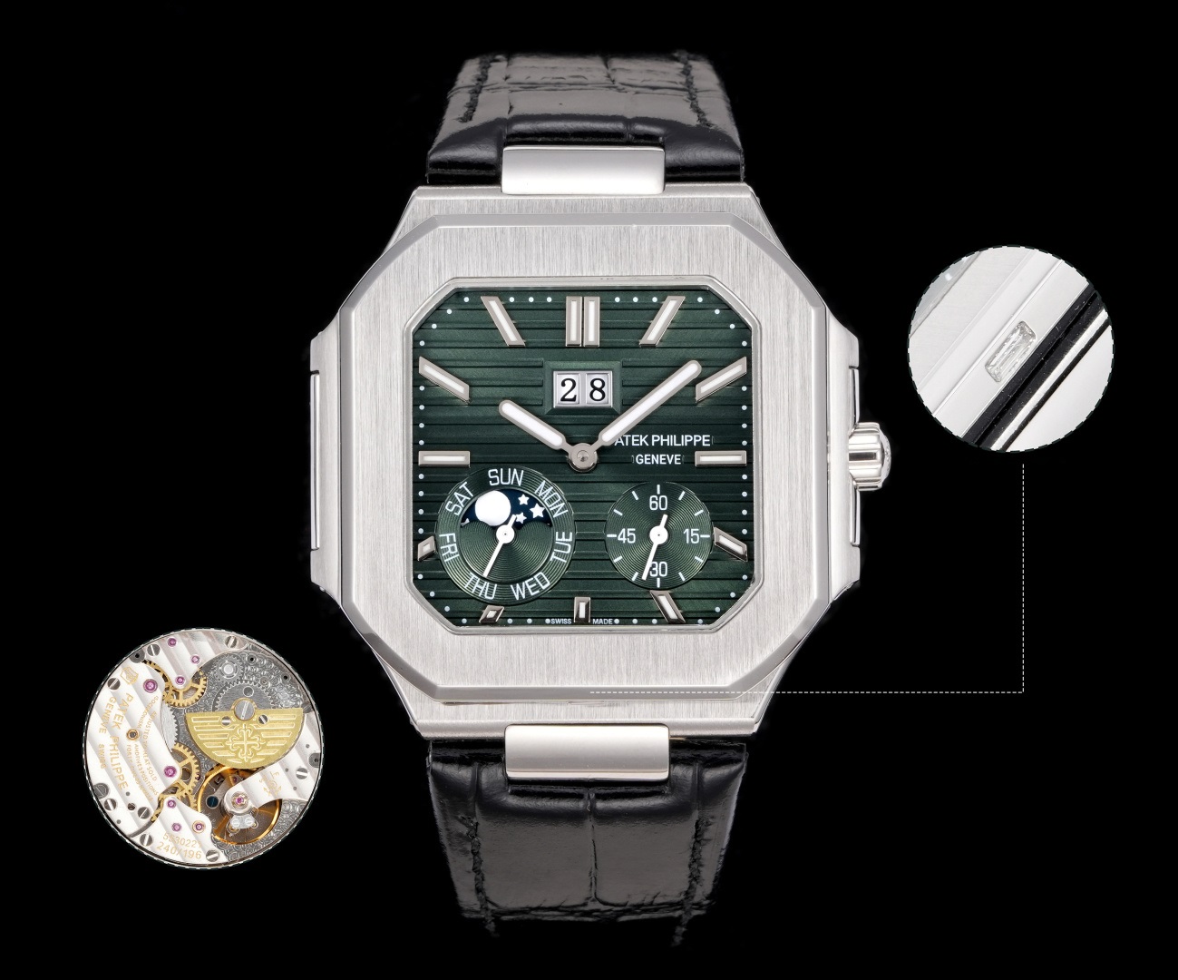 Square Nautilus-inspired 5822 Olive Green Sunburst Annual Calendar Steel Leather Strap Super Clone