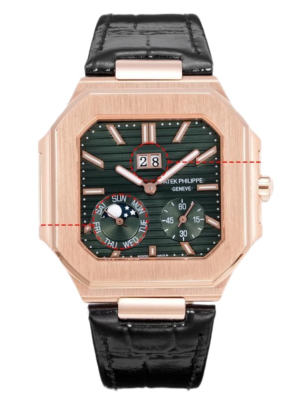Square Nautilus-inspired 5822 Olive Green Sunburst Annual Calendar Rose Gold Leather Strap Super Clone
