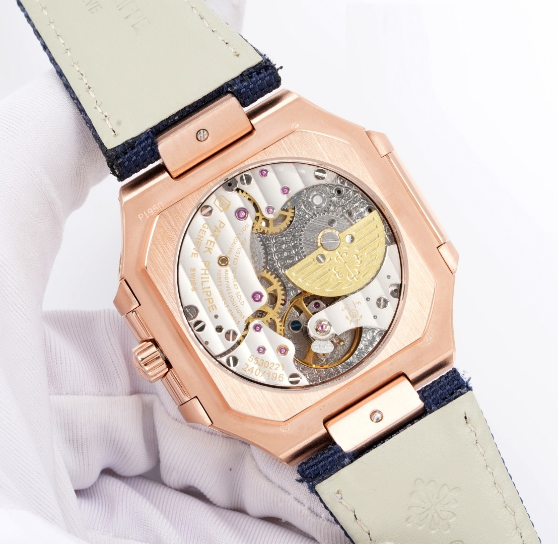 Square Nautilus-inspired 5822 Navy Blue Sunburst Annual Calendar Full Rose Gold Denim Strap Super Clone