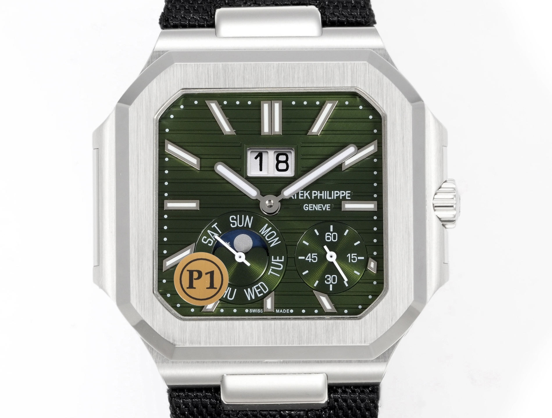Square Nautilus-inspired 5822 Olive Green Sunburst Annual Calendar Denim Strap Super Clone