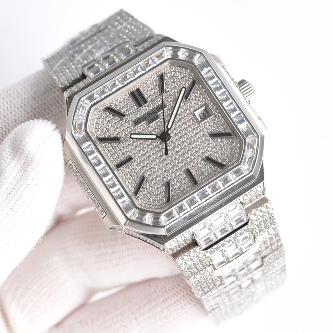 Square Nautilus-inspired 5821 Silver Gray Sunburst Full pavé Diamond Super Clone