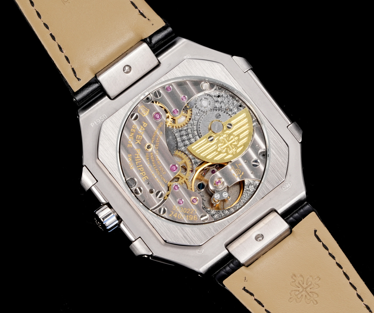 Square Nautilus-inspired 5822 Black Sunburst Annual Calendar Steel Leather Strap Super Clone