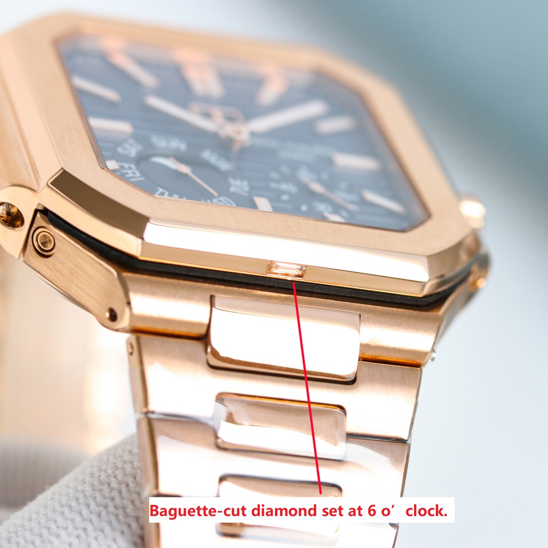 Square Nautilus-inspired 5822 Navy Blue Sunburst Annual Calendar Full Rose Gold Super Clone