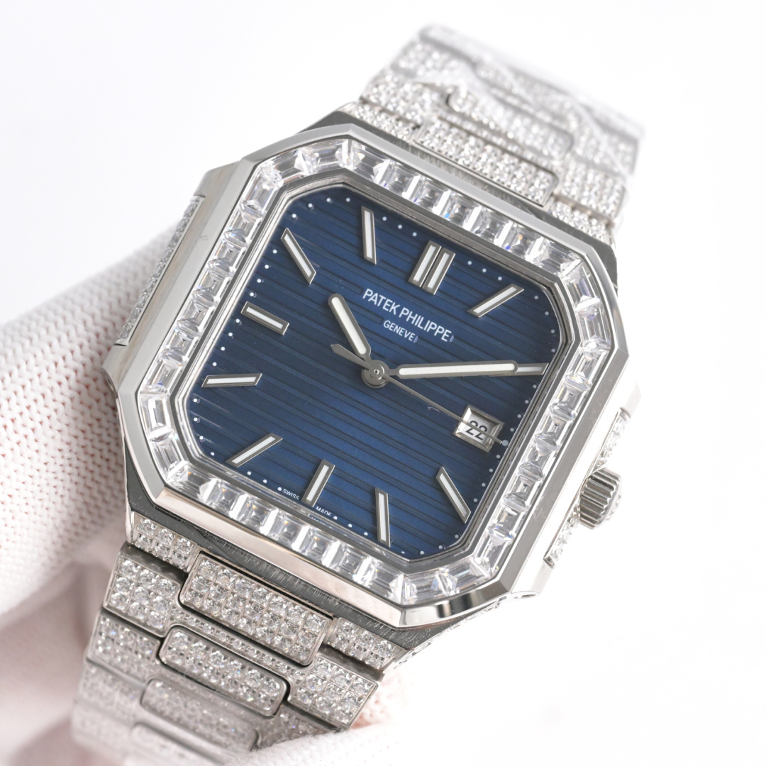 Square Nautilus-inspired 5821 Navy Blue Sunburst Full Pavé Diamond Super Clone