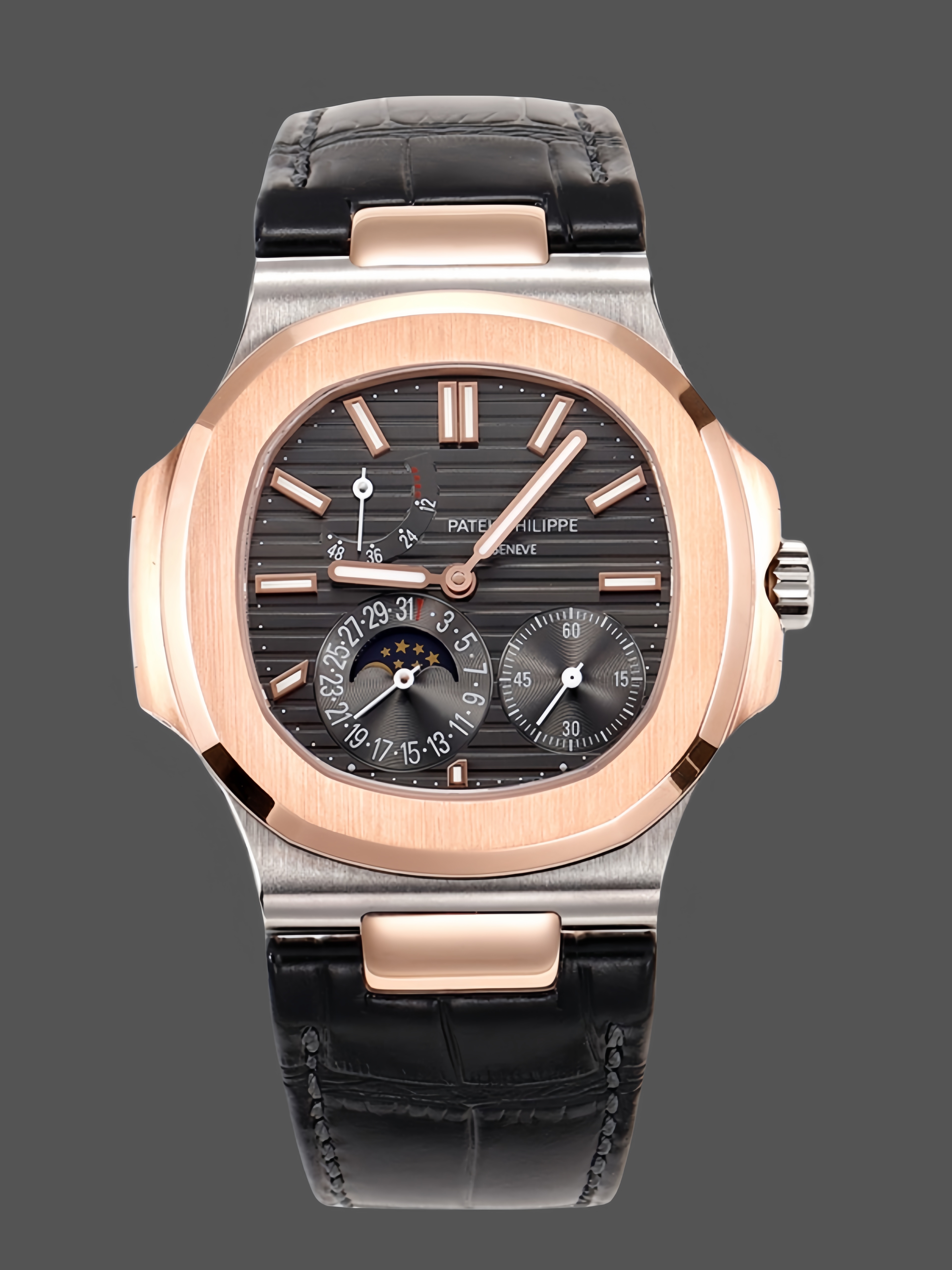 5712GR 001 Super Clone Rose Gold‑Tone Grey Dial Leather Strap Slim Mens Luxury Watch