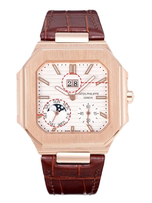 Square Nautilus-inspired 5822 White Sunburst Annual Calendar Rose Gold Leather Strap Super Clone