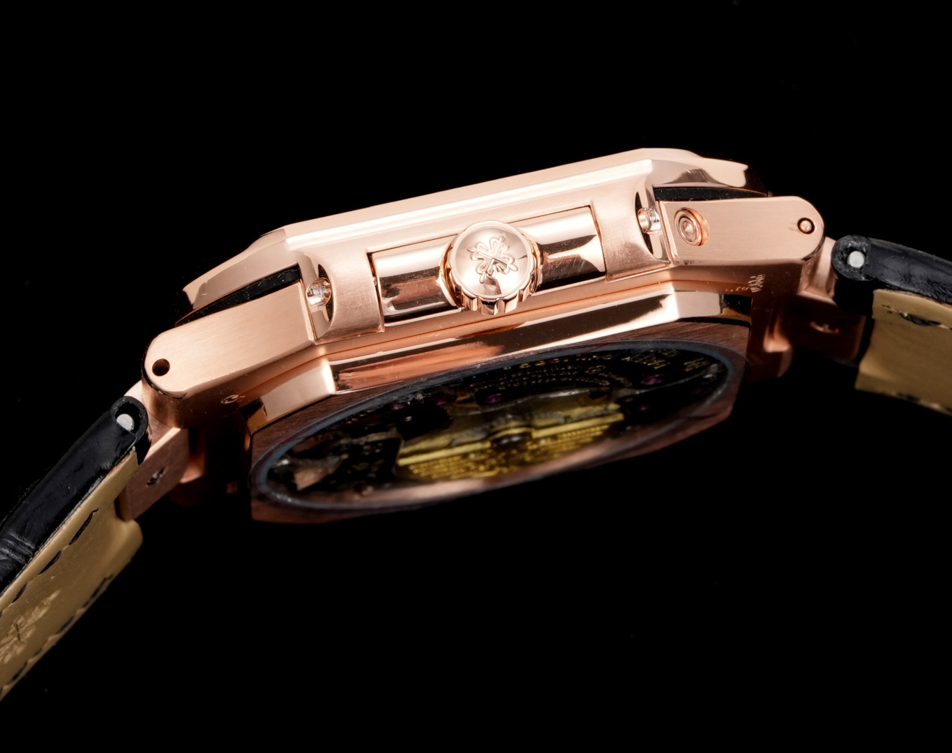 Square Nautilus-inspired 5822 Olive Green Sunburst Annual Calendar Rose Gold Leather Strap Super Clone