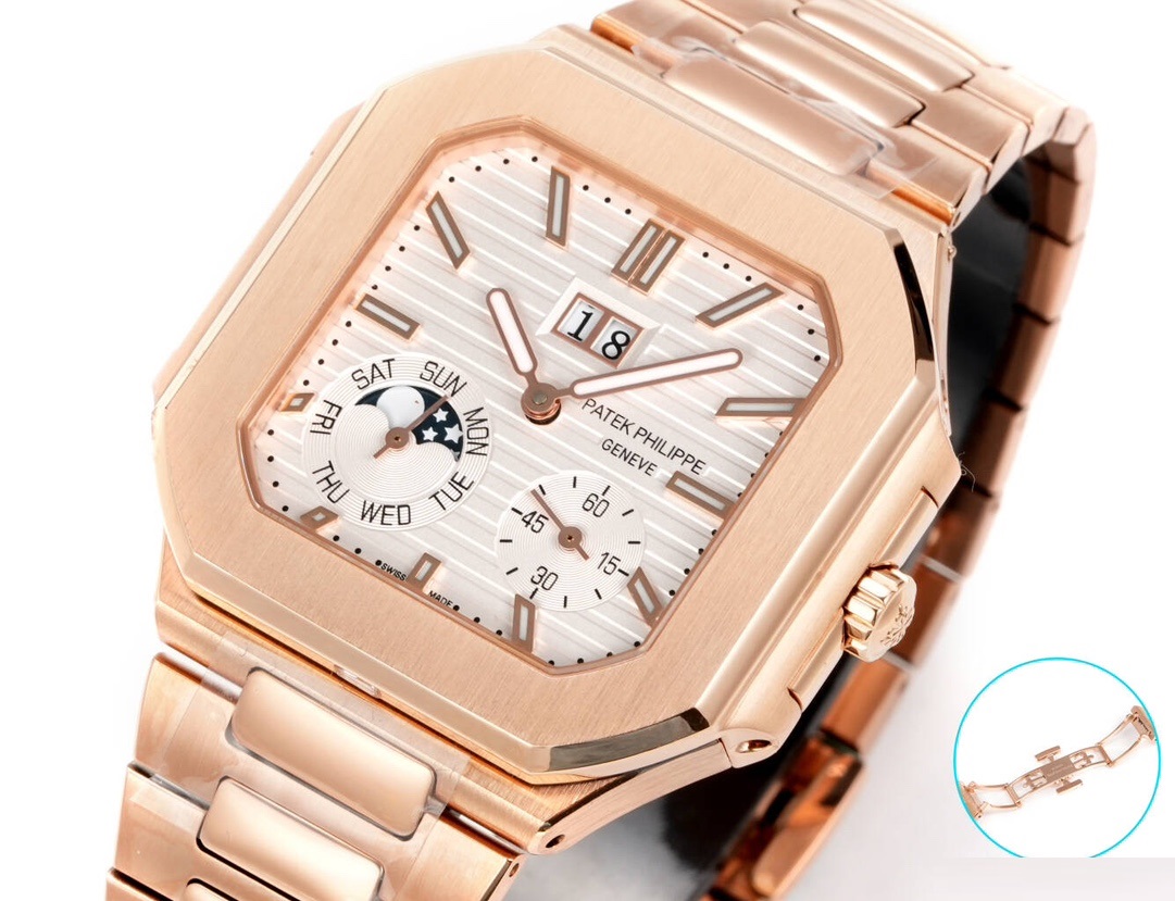 Square Nautilus-inspired 5822 White Rose Gold Annual Calendar Super Clone