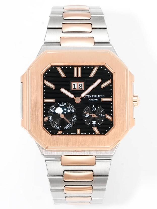 Square Nautilus-inspired 5822 Black Sunburst Annual Calendar Two-Tone Rose Gold Super Clone
