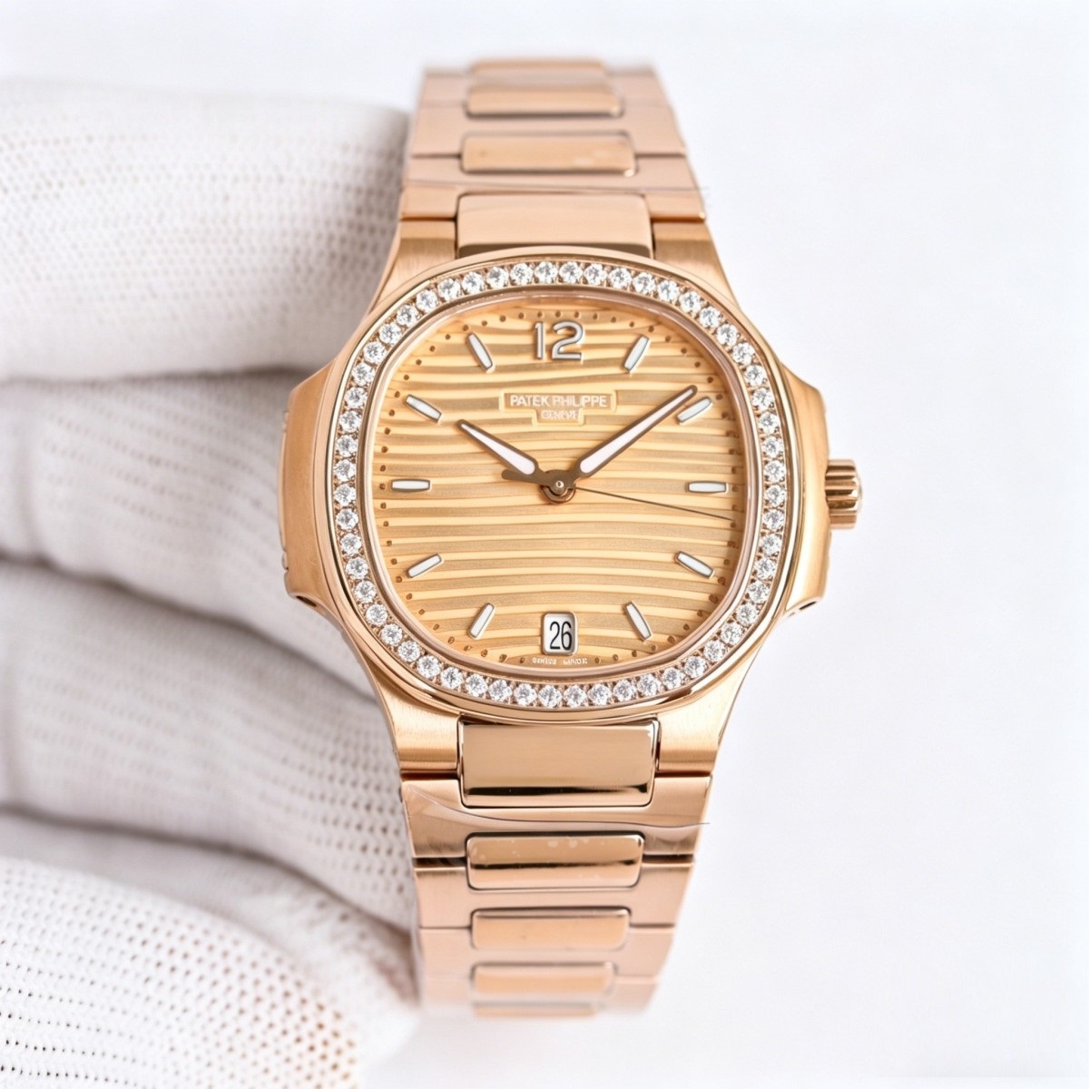 Diamond Bezel Rose Gold Ladies Watch with Golden Striped Dial | Nautilus-Inspired Haute Joaillerie