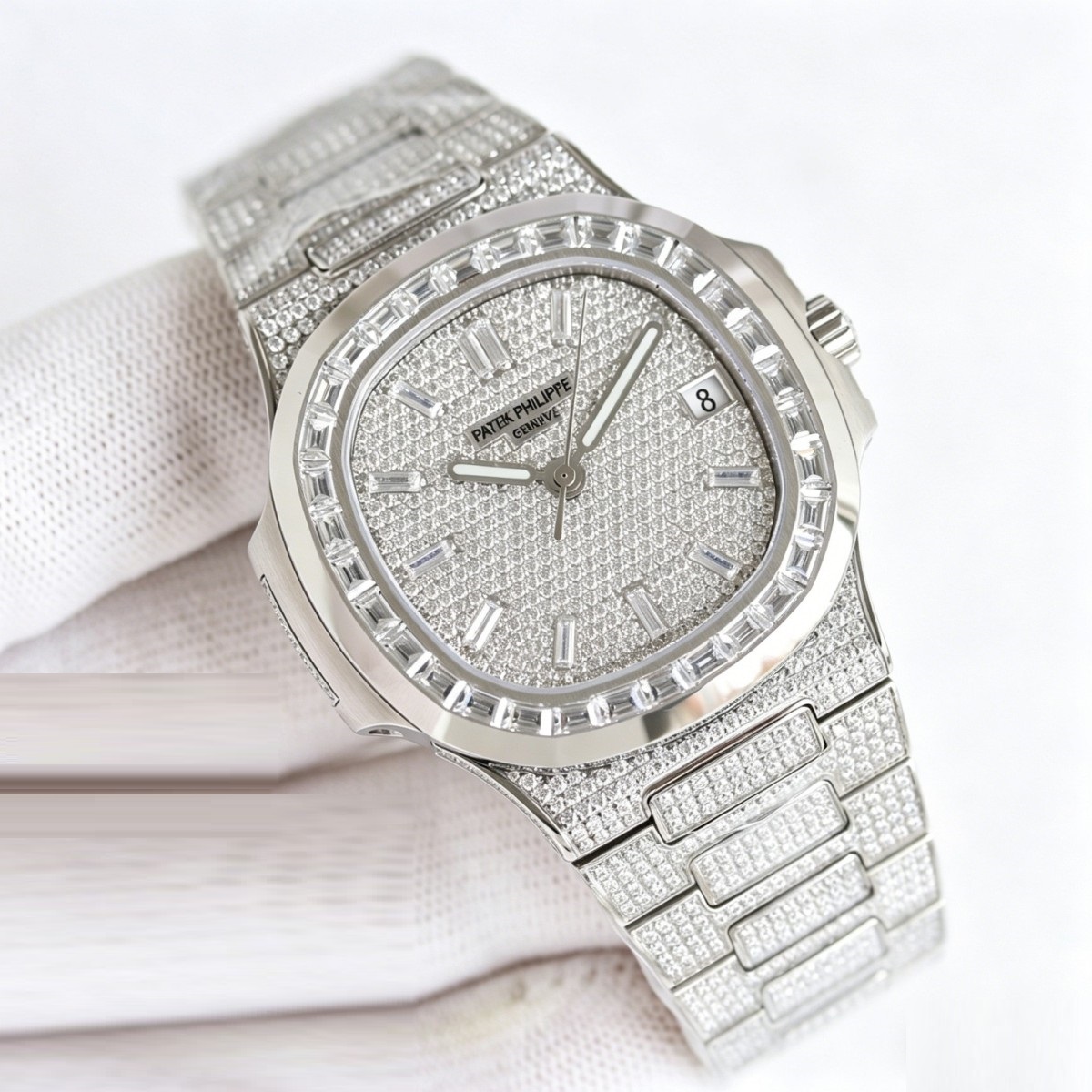 Stainless Steel Full Diamond Watch with Iconic Horizontal Stripe Dial – Nautilus-Inspired Classic