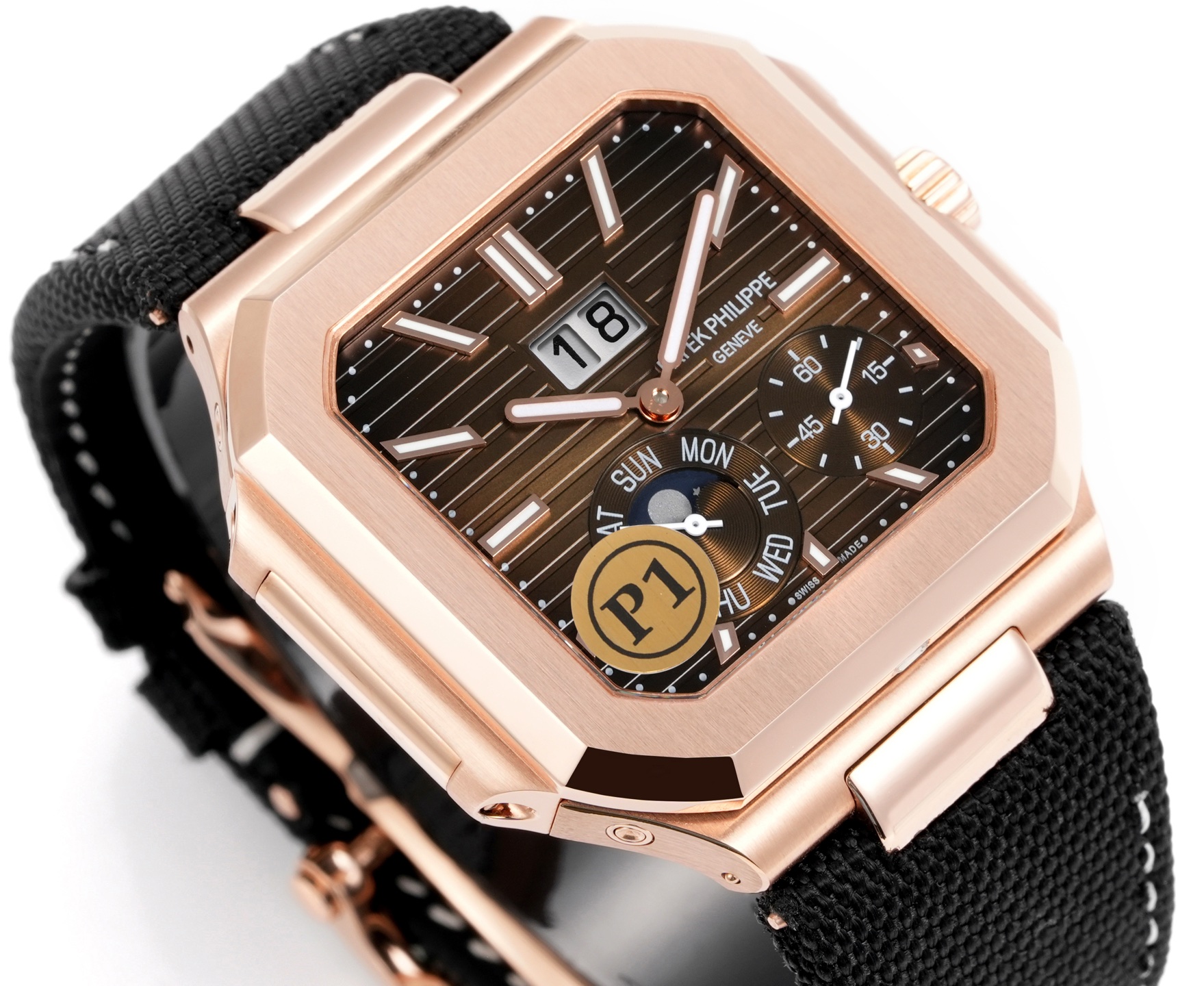 Square Nautilus-inspired 5822 Brown Sunburst Annual Calendar Rose Gold Denim Strap Super Clone