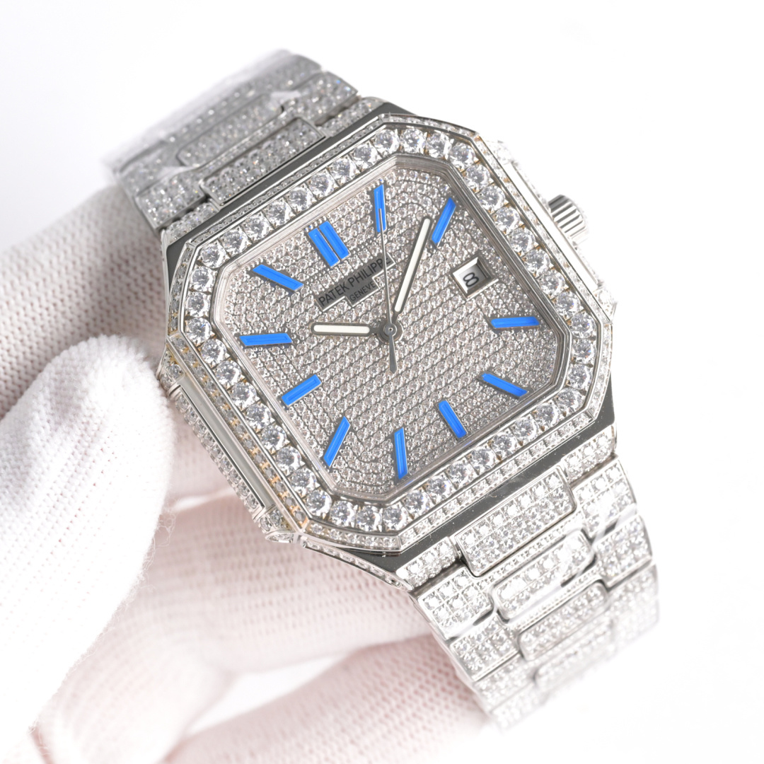 Square Nautilus-inspired 5821 Baguette Blue Sapphire Markers Full Pavé Diamond Super Clone