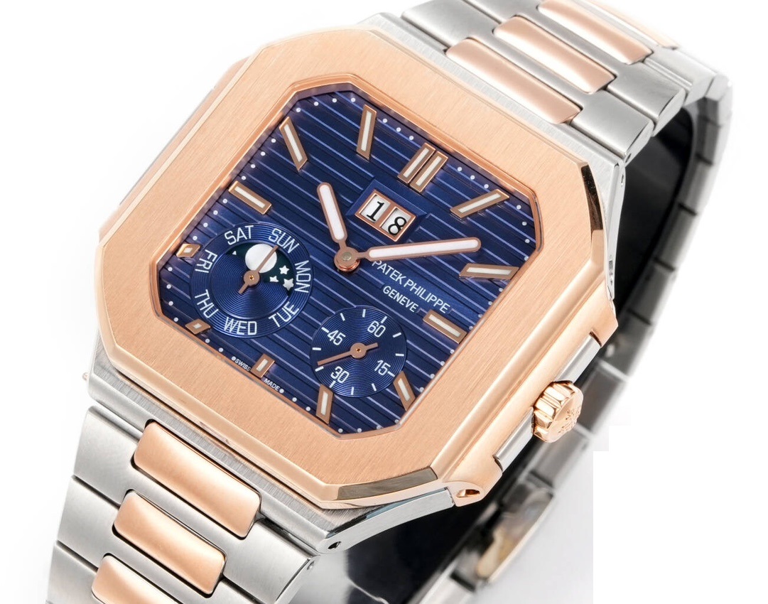 Square Nautilus-inspired 5822 Navy Blue Sunburst Annual Calendar Two-Tone Rose Gold Super Clone