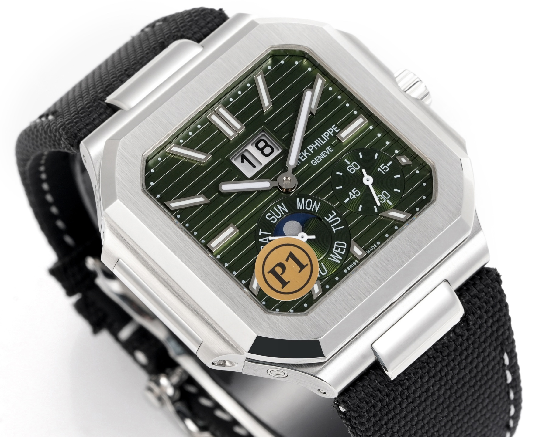 Square Nautilus-inspired 5822 Olive Green Sunburst Annual Calendar Denim Strap Super Clone