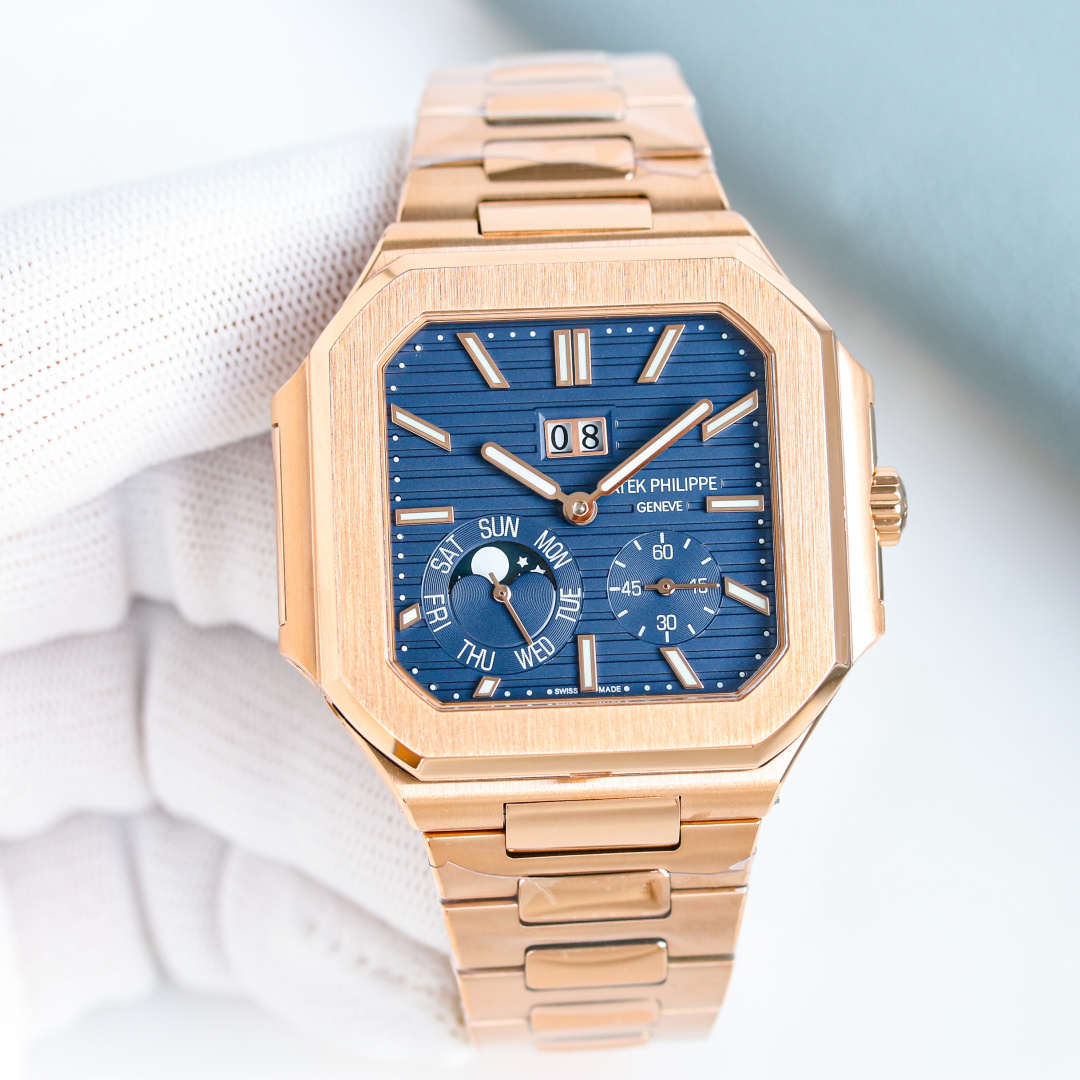 Square Nautilus-inspired 5822 Navy Blue Sunburst Annual Calendar Full Rose Gold Super Clone