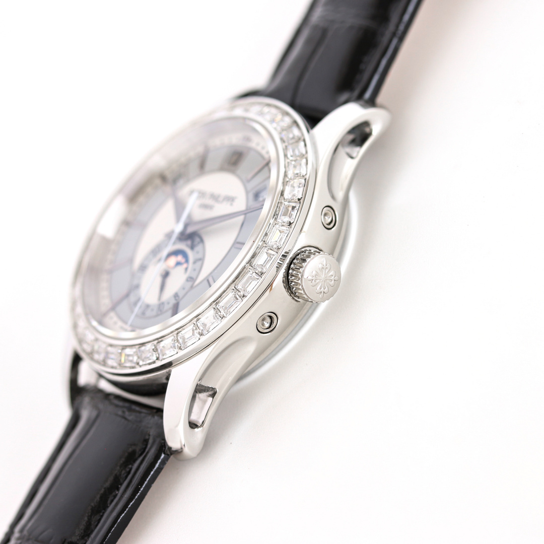 Ivory-Grey Dial Annual Calendar Moonphase with Diamond Bezel | 18K White Gold Racing Elegance