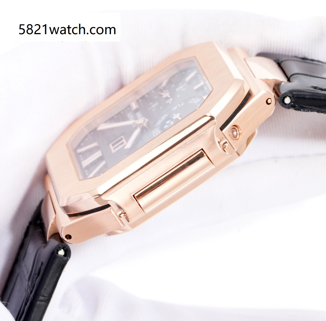 Square Nautilus-inspired 5822 Black Sunburst Annual Calendar Rose Gold Leather Strap Super Clone