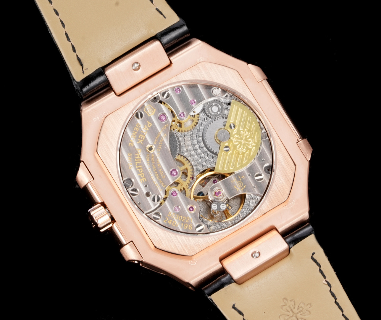 Square Nautilus-inspired 5822 Olive Green Sunburst Annual Calendar Rose Gold Leather Strap Super Clone