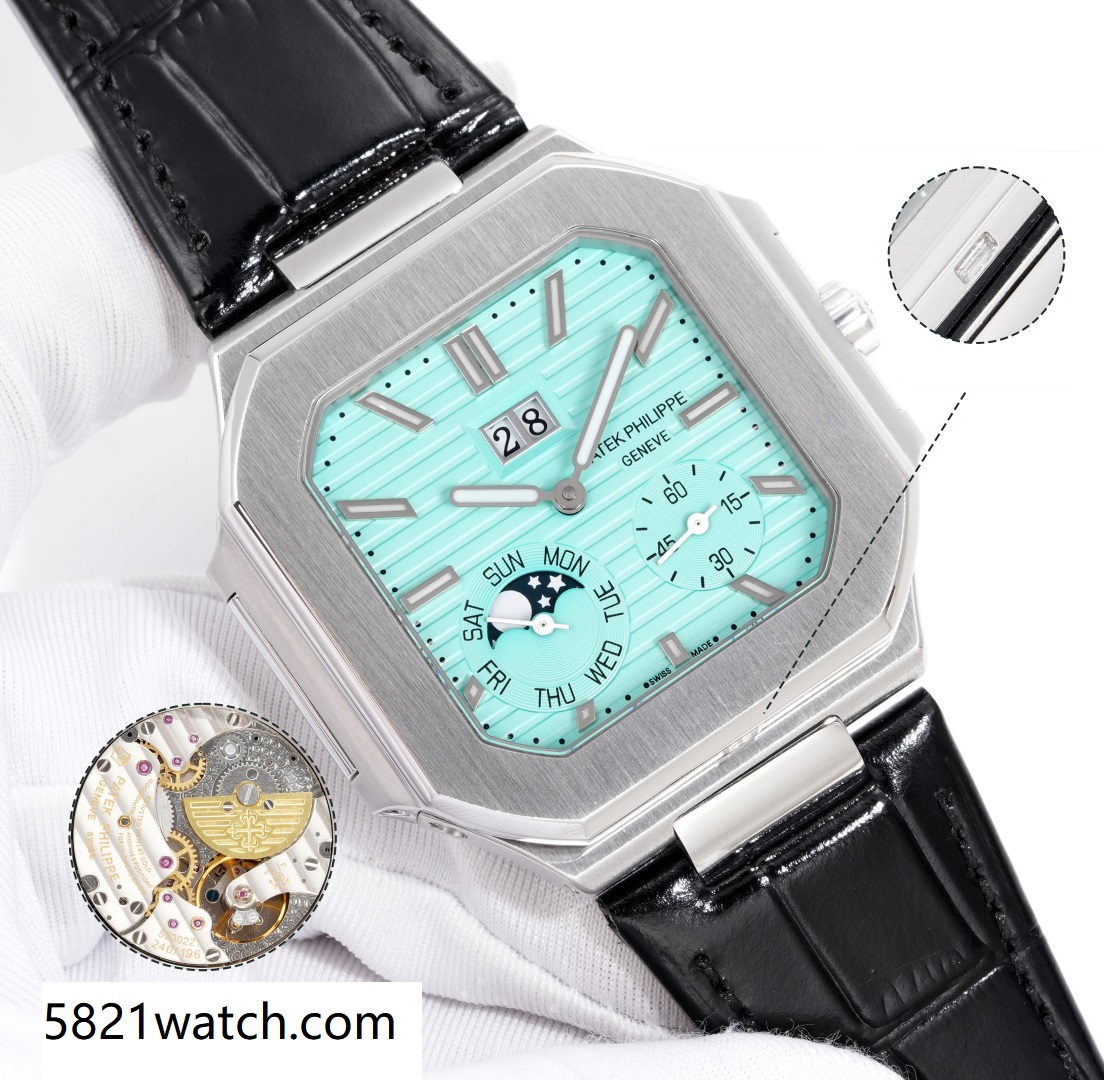 Square Nautilus-inspired 5822 Tiffany Blue Sunburst Annual Calendar Steel Leather Strap Super Clone