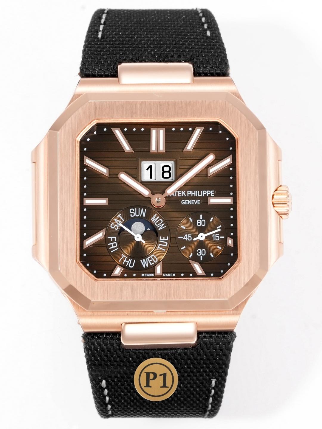 Square Nautilus-inspired 5822 Brown Sunburst Annual Calendar Rose Gold Denim Strap Super Clone