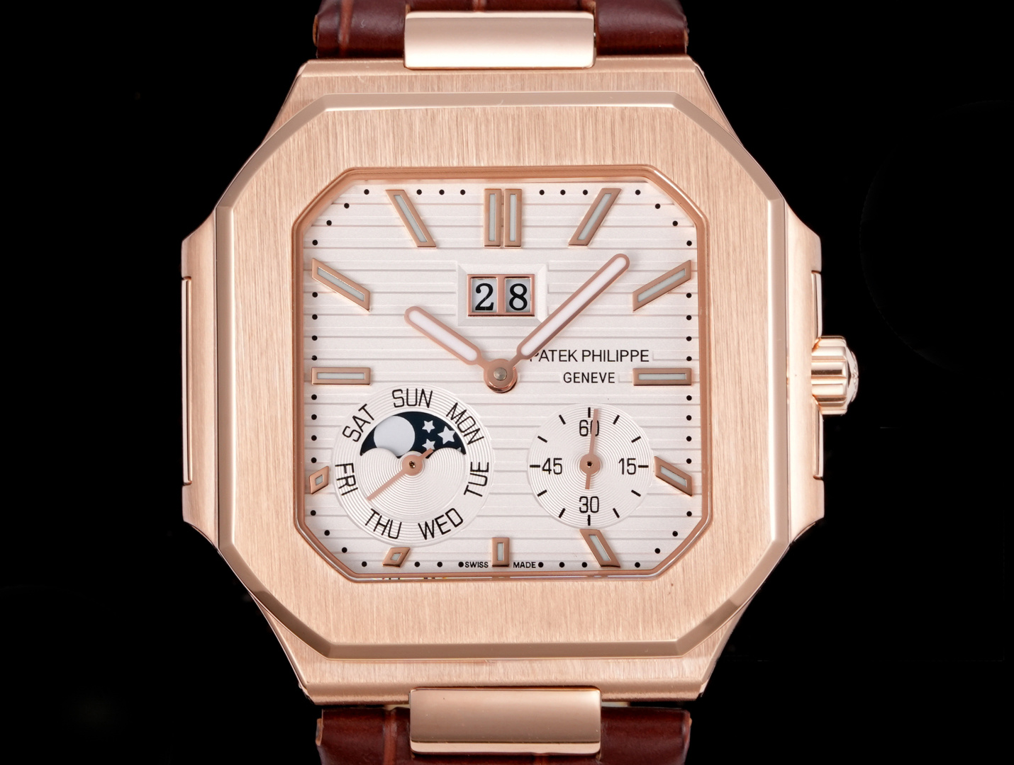 Square Nautilus-inspired 5822 White Sunburst Annual Calendar Rose Gold Leather Strap Super Clone