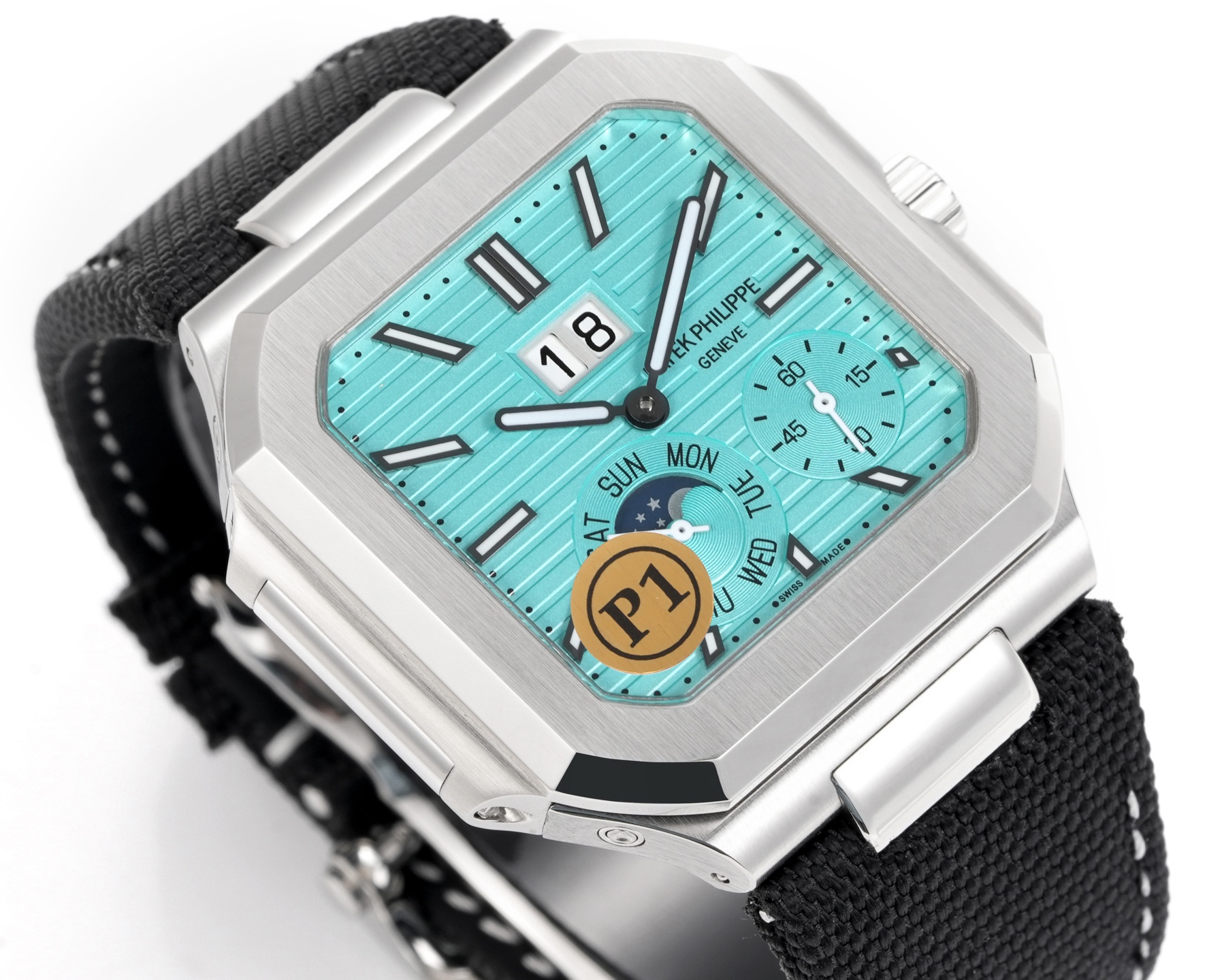 Square Nautilus-inspired 5822 Tiffany Blue Sunburst Annual Calendar Denim Strap Super Clone